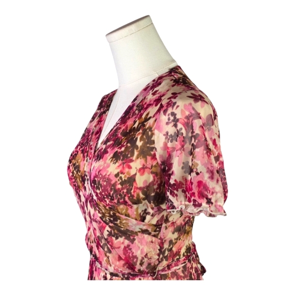 Kate and Lily Floral Chiffon Maxi Dress Pink Burgundy Belted Size 8P - Picture 2 of 7